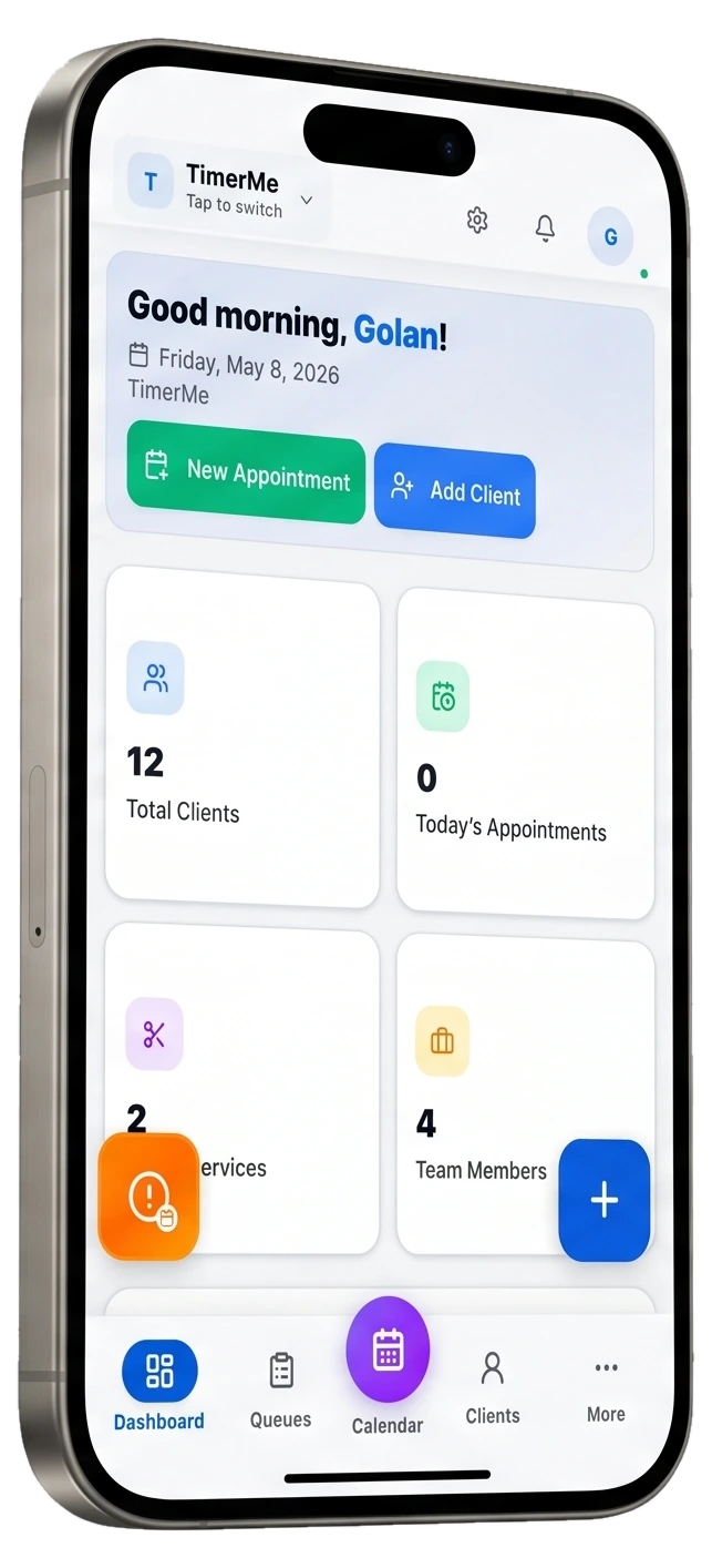 TimerMe dashboard on phone and tablet — appointments, stats, and calendar