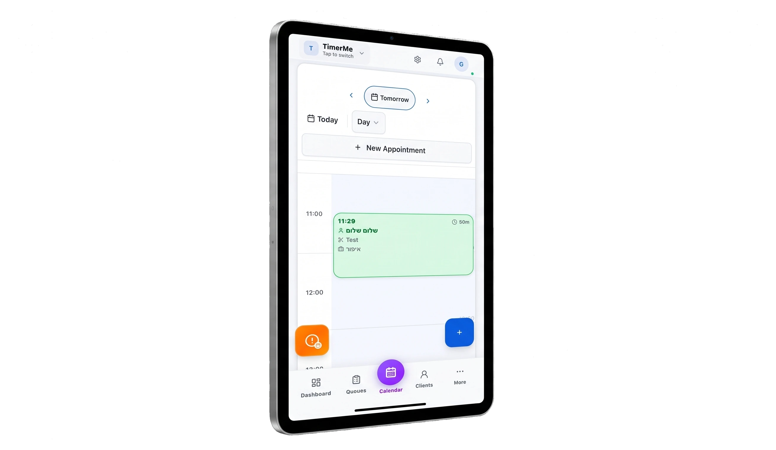 TimerMe dashboard on phone and tablet — appointments, stats, and calendar